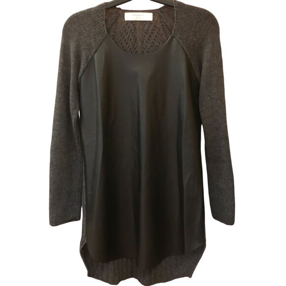 ZARA Mixed Media Faux Leather Knit Crochet Long Tunic Sweater Black Gray Medium - Picture 9 of 11